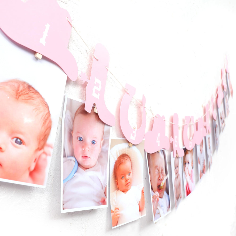 Rweseo Western Cowgirl Monthly Banner with 12 growth slots for baby's first year.