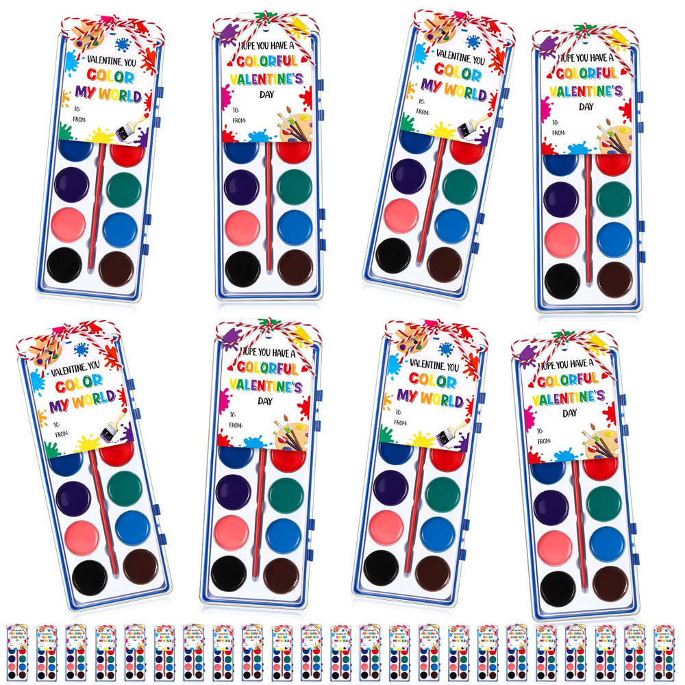 Sabary Valentine watercolor 28-pack front view, gift-ready packaging for classroom crafts.