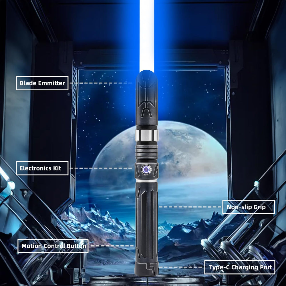 Saberforms luminous blade in dark rooms for immersive play.