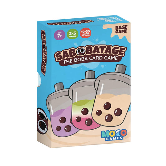 Sabobatage Boba Card Game packaging on a cozy table for game night