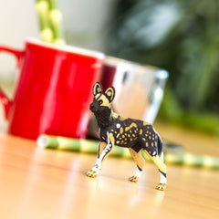 Safari Ltd. African Wild Dog toy size comparison shows 3.5 by 2.75 inches for easy storytelling