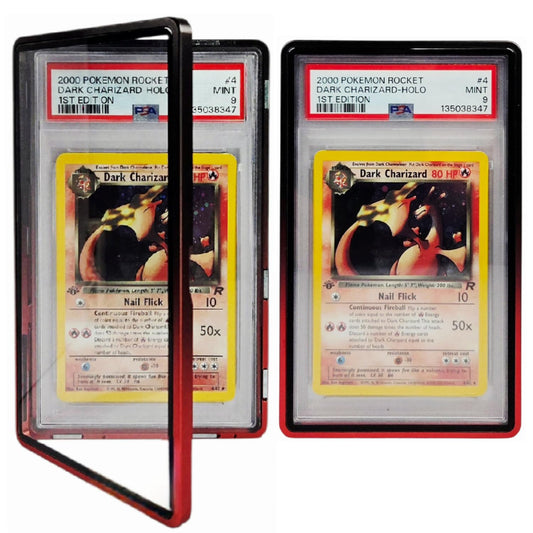 Safeguard TCG red metal PSA slab bumper case front view with magnetic stackable design for secure display