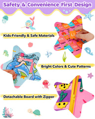 SaFeli Busy Board alphabet, numbers, and shapes pages support early learning.