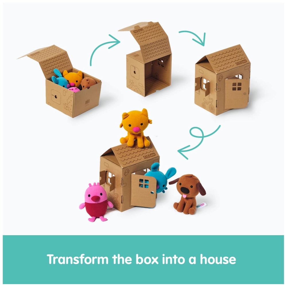 Sago Mini transforming box into a dollhouse for creative play