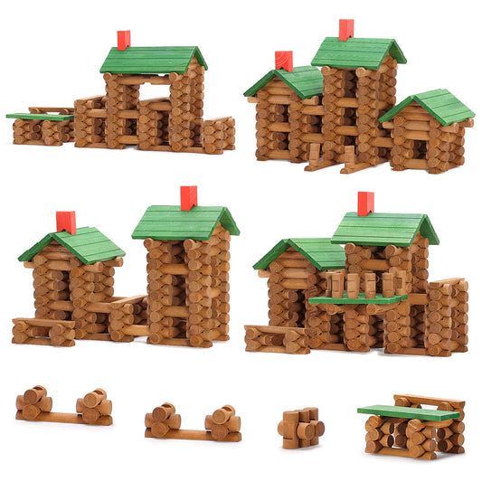 SainSmart Jr. 665pcs wooden log cabin set packaging image, ready for open-ended play.