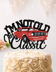 SALUTE I’m not old I’m classic red car cake topper in glitter for stylish birthday celebrations.