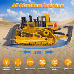Samtop RC Bulldozer uses 2.4GHz remote for smooth, interference-free play.