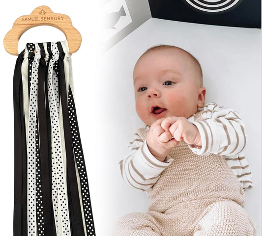 Samuel Sensory Cloud Ribbon Toy offers high-contrast visuals for tracking during quiet play