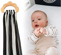 Samuel Sensory Cloud Ribbon Toy offers high-contrast visuals for tracking during quiet play