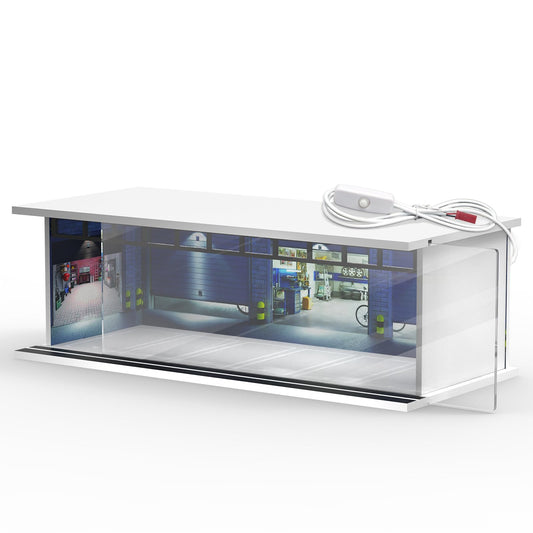 SAMYUCHO diecast display case with LED top light showcases cars in bright illumination.
