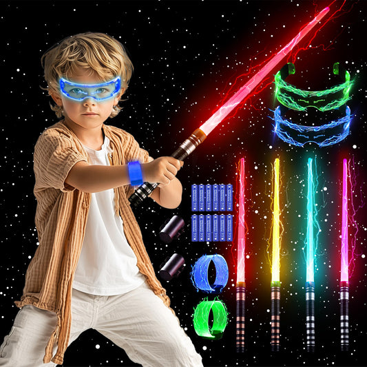SANCO light-up sabers set four glowing swords for kids' play and imagination.