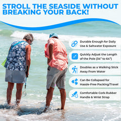 Sand Dipper adjustable hiking pole extends for comfortable beach reach.