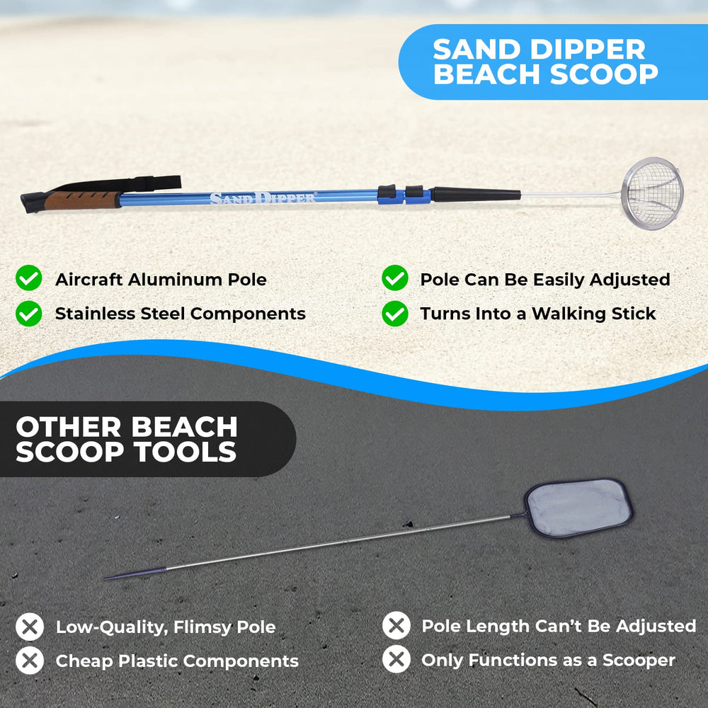 Sand Dipper stainless steel scooper basket resists saltwater during shell collecting.