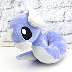 Sanei Dratini plush face detail showing purple eyes and fins