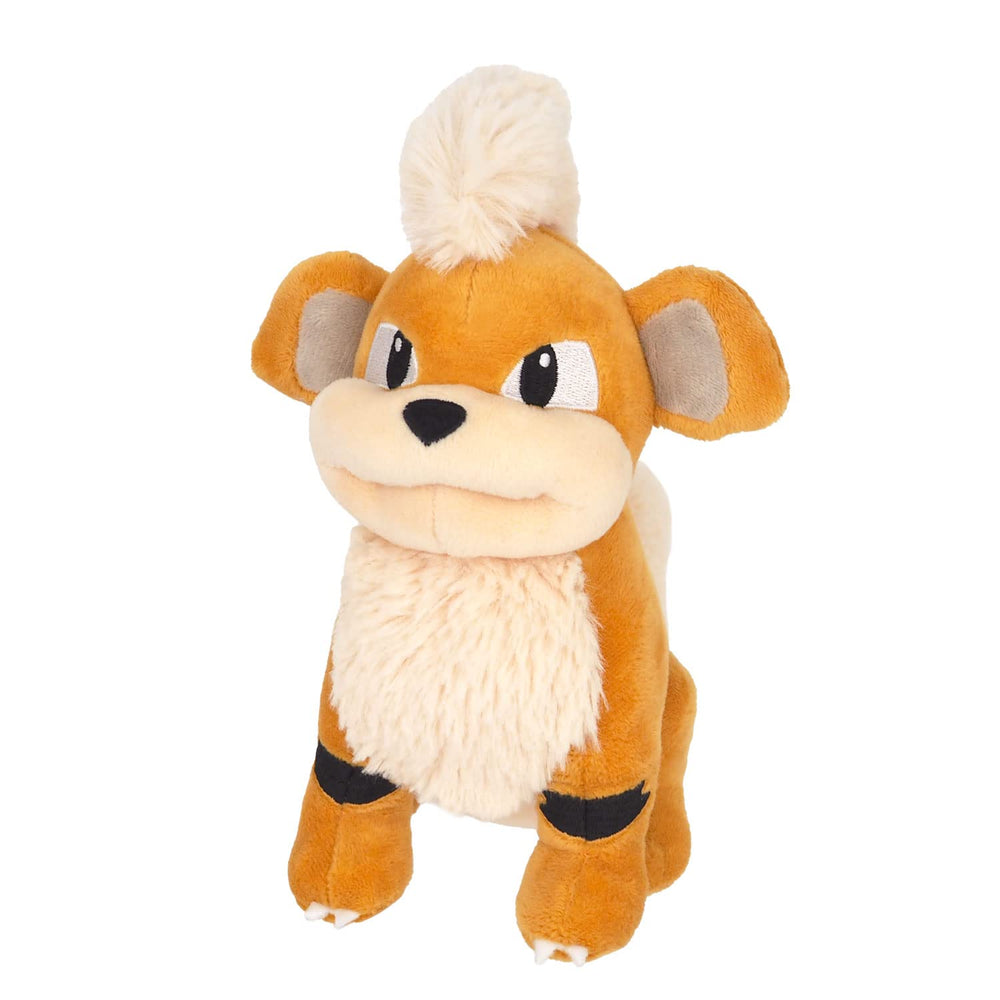 Sanei Growlithe plush, full body view in orange and black, ideal for cuddling.