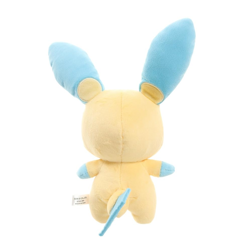 Sanei Minun plush close-up highlights blue cheeks and minus sign, ideal as a gift.