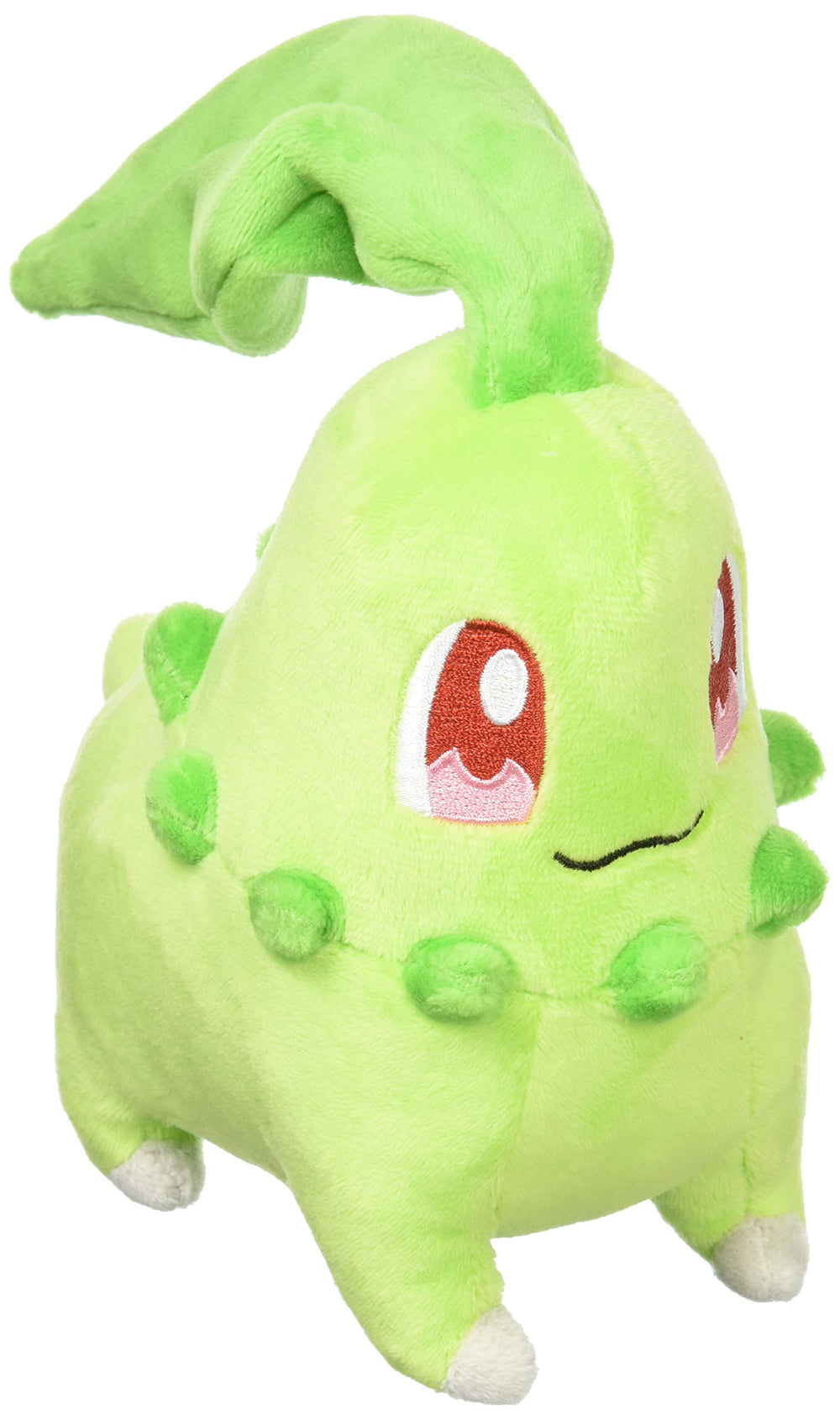 Sanei Chikorita plush front view with leaf crown; soft cuddle buddy for fans.
