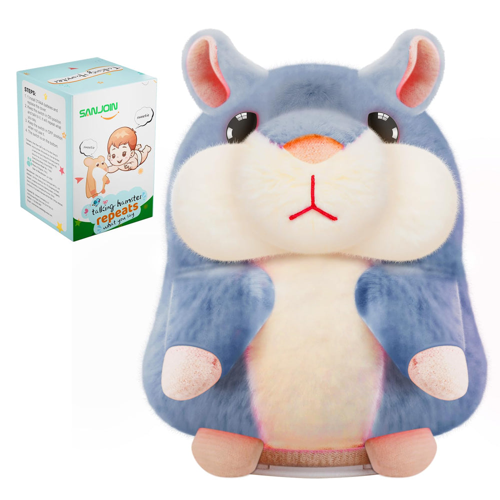 SANJOIN talking hamster gray front view highlighting the interactive repeat feature.