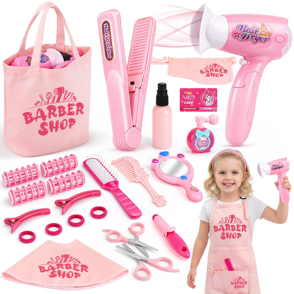 Sanlebi Hair Salon Toys 25pc set with pink storage bag for imaginative play.
