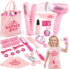 Sanlebi Hair Salon Toys 25pc set with pink storage bag for imaginative play.