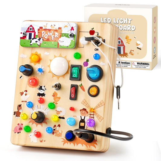 Sanlebi LED Busy Board with farm theme switches for toddler fine motor play