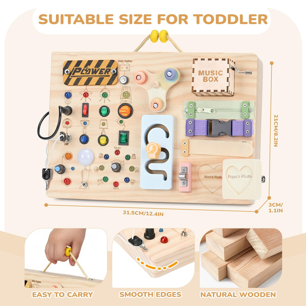 Sanlebi wooden busy board with hand-cranked music box for engaging auditory play.