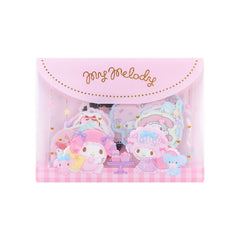 SANRIO My Melody sticker case set front view, portable charm for notebooks.