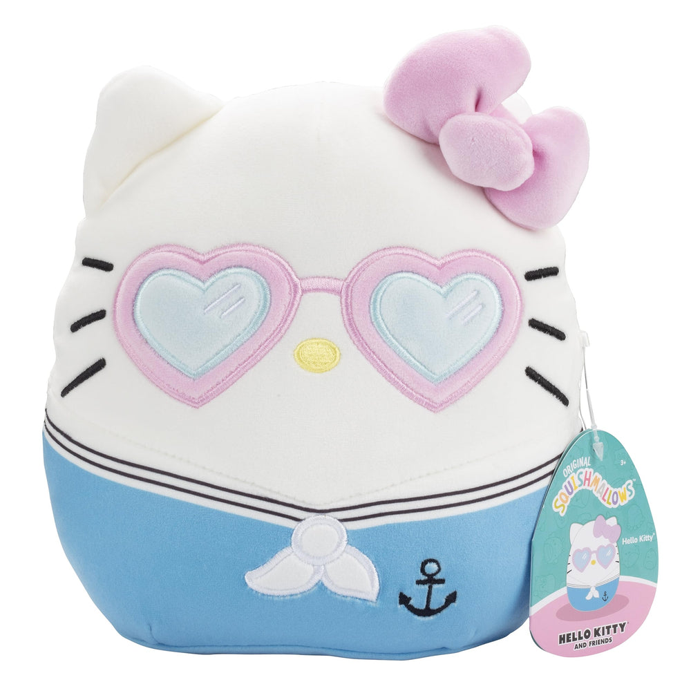 Sanrio Squishmallows Hello Kitty 8-Inch Plush with heart glasses for cozy cuddles.