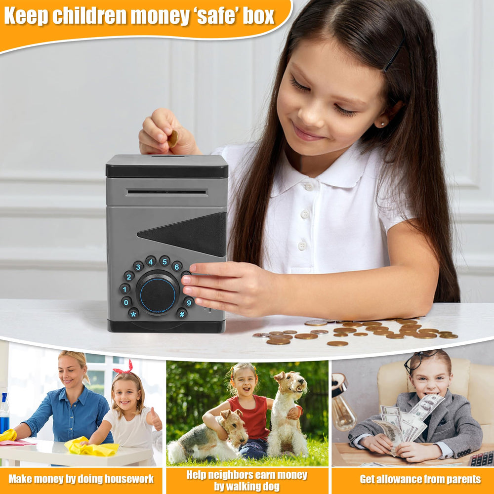 Saquuiui piggy bank coin slot and note entry demonstrates real money handling.