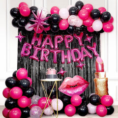 saratimtou pink and black birthday banner creates a bold photo backdrop
