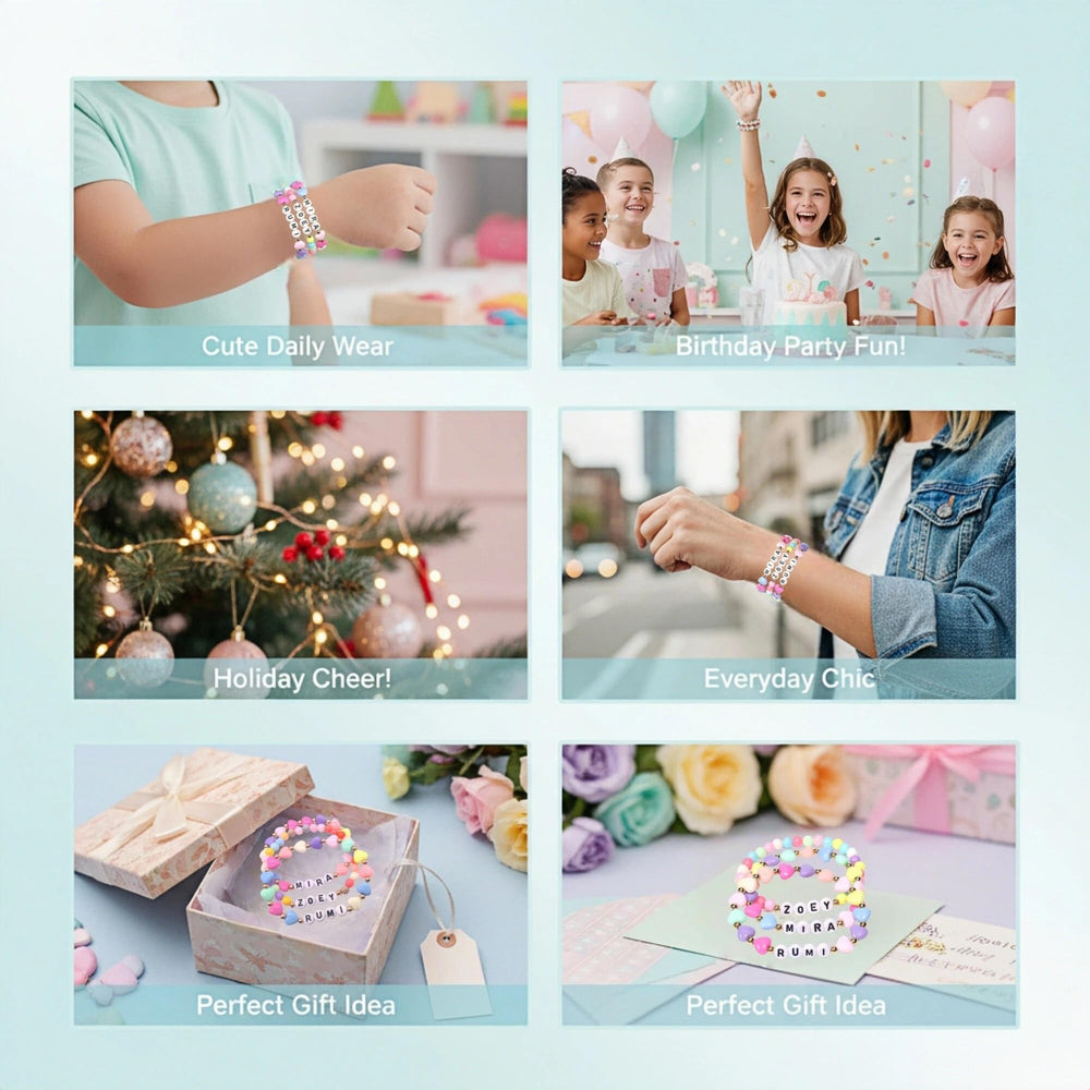 Dress up outfits and costumes with colorful beads and character names.