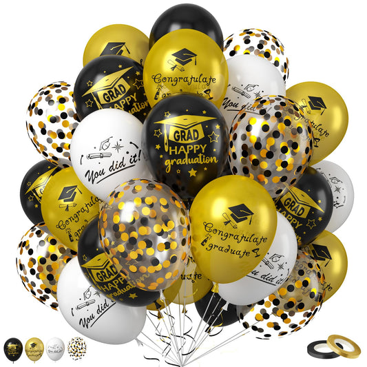 Saxuxu graduation balloons set in black gold white confetti for elegant 2025 celebration decor