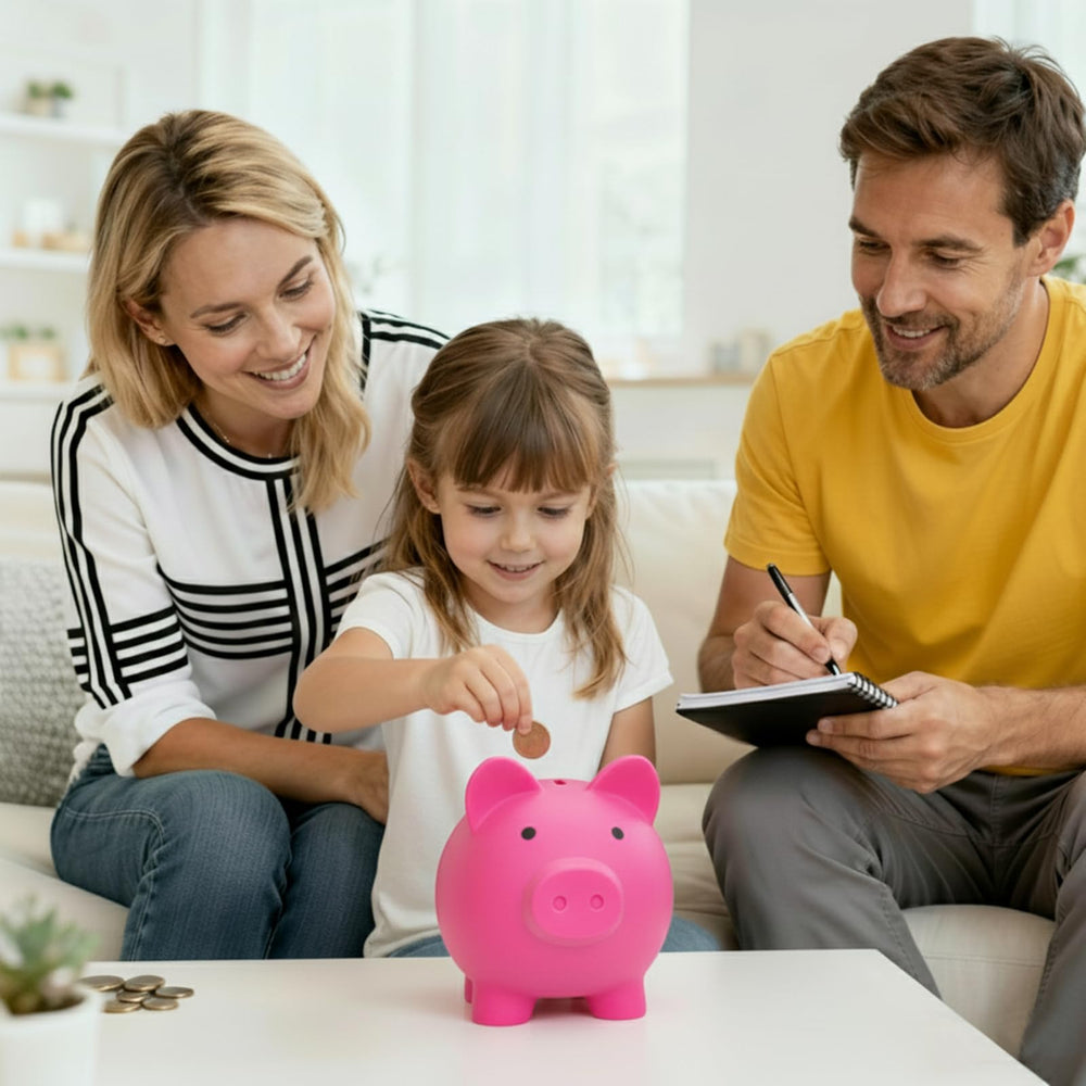 Sbrvaniy piggy bank bottom knob emphasizes easy deposits and retrieval.