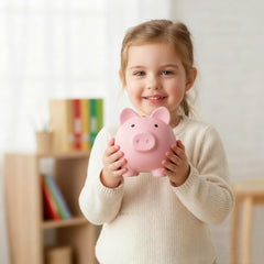Sbrvaniy Piggy Bank size 6x4.8x5.4 inches fits on a shelf.