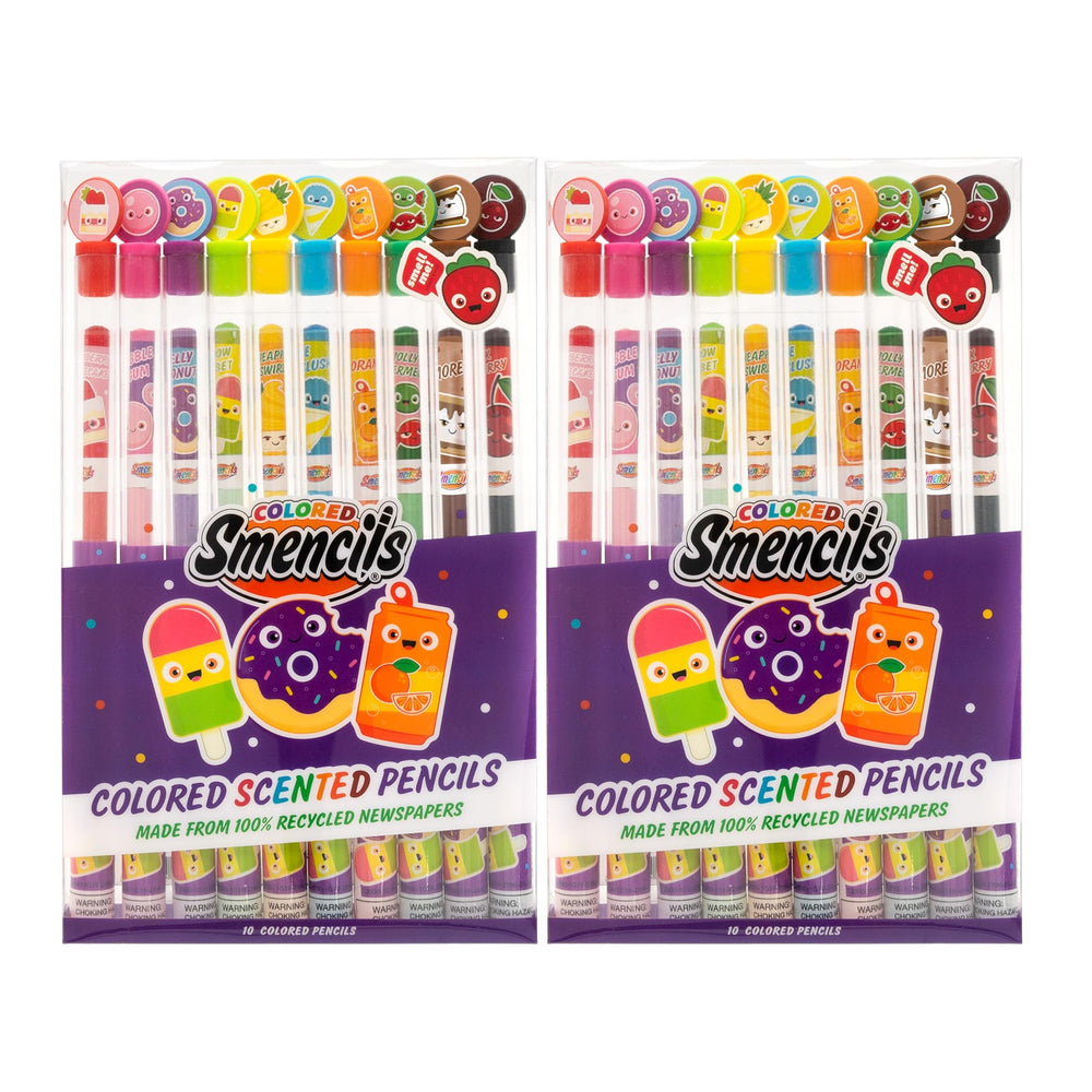 Scentco Colored Smencils on display showcase vibrant colors and recycled newspaper origin.