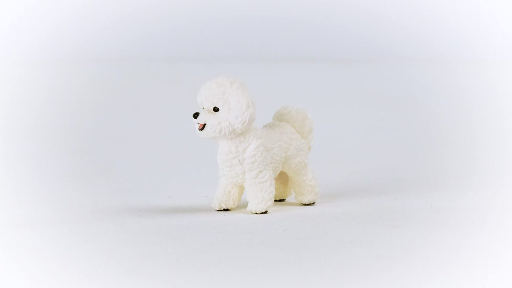 Schleich Farm World Bichon Frise figurine in a playful farm scene to spark storytelling.