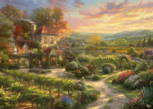 Schmidt Thomas Kinkade The Vineyards puzzle cover, inviting peaceful countryside ambiance during family puzzle night.