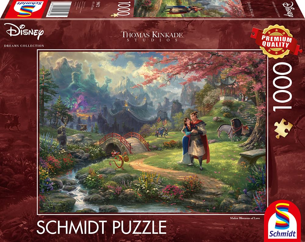 Schmidt Spiele Thomas Kinkade Mulan 1000-piece puzzle assembly in progress encourages mindful leisure.
