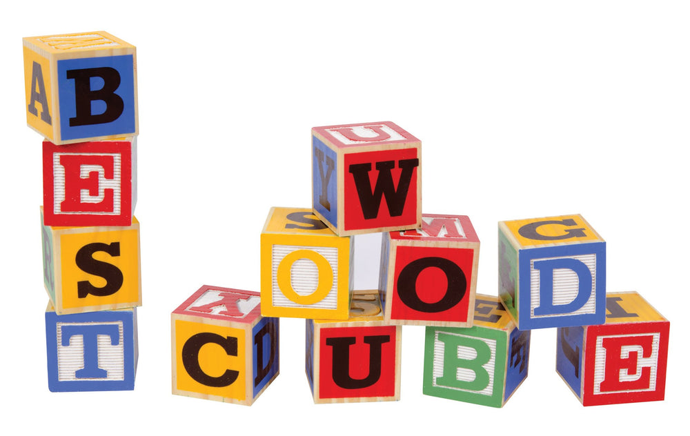 Schylling Large ABC Wood Blocks storage box image highlighting heirloom wooden case and easy organization