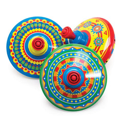 Schylling Mini Tin Top spins with wind-up handle for retro play and upright stunts