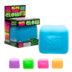 Schylling NeeDoh Nice Cube Glow glows in the dark for high-visibility play.