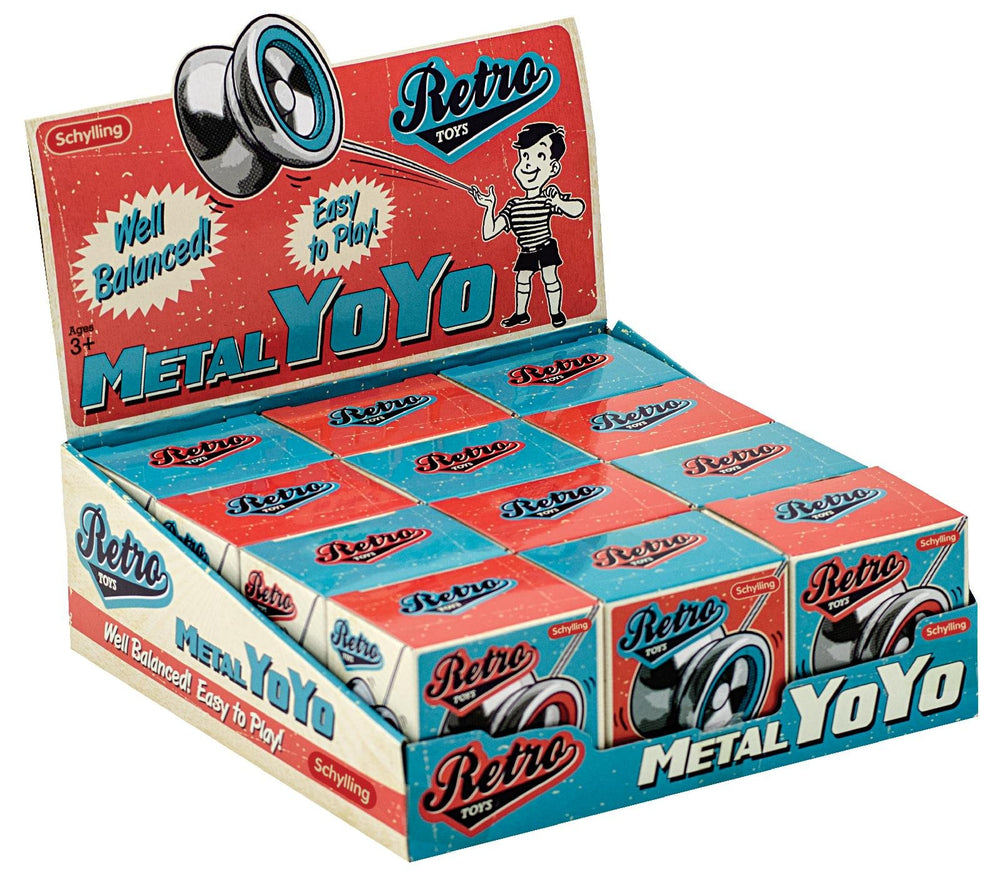 Schylling Retro Metal Yo-Yo in hand with braided cord, promoting smooth spins.