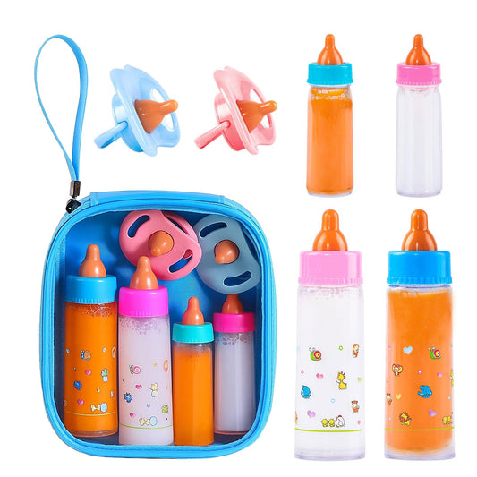 SCOM 6-piece baby doll bottle set for realistic pretend feeding and imaginative play.