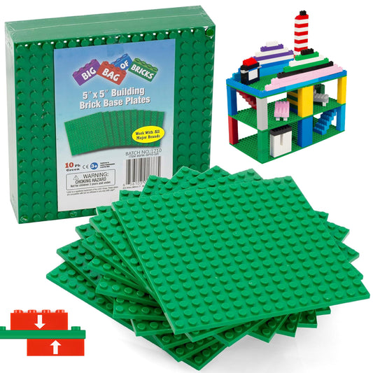 SCS Direct green 5x5 baseplates 10-pack for versatile brick builds.