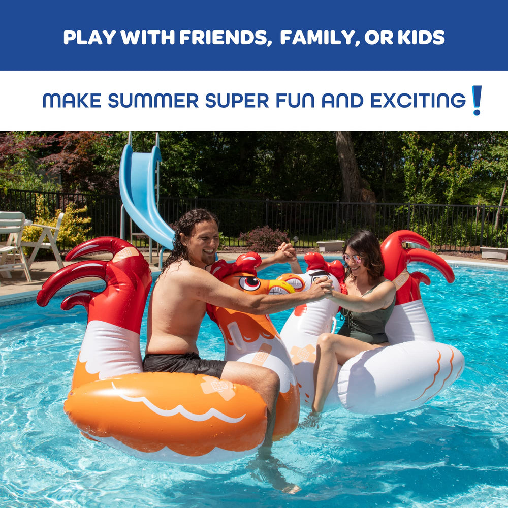 SCS Direct two giant chicken ride-ons under bright pool light