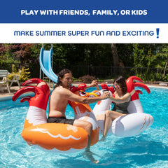 SCS Direct two giant chicken ride-ons under bright pool light