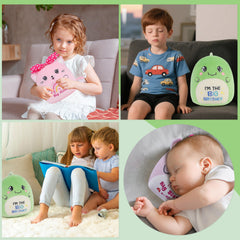 SEAOPOP Child hugs dinosaur plush in a warm home setting