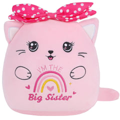 SEAOPOP big-sister cat plush with pink bow for celebrating a new big sister