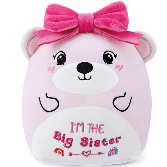 SEAOPOP big-sister plush bear with pink bow, a comforting sibling keepsake for bedroom decor.