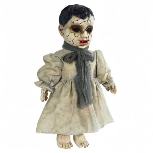 Seasonal Visions Forgotten Doll chest button press triggers chilling sayings for spooky displays.